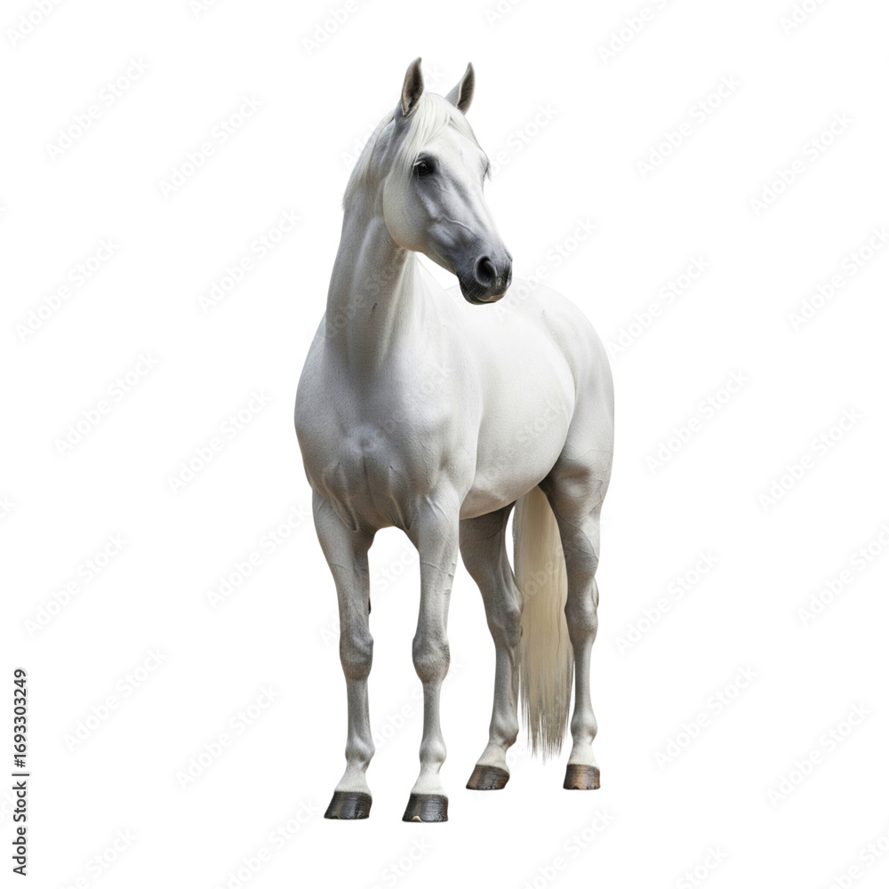 Obraz premium Majestic pure white Arabian horse stands proudly, embodying grace, power, and timeless elegance with its sleek physique and flowing mane, perfect for equestrian themes and luxury branding.