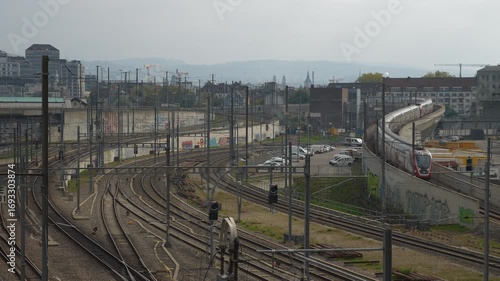 sunny day zurich city industrial district central railroad traffic bridge top panorama 4k switzerland