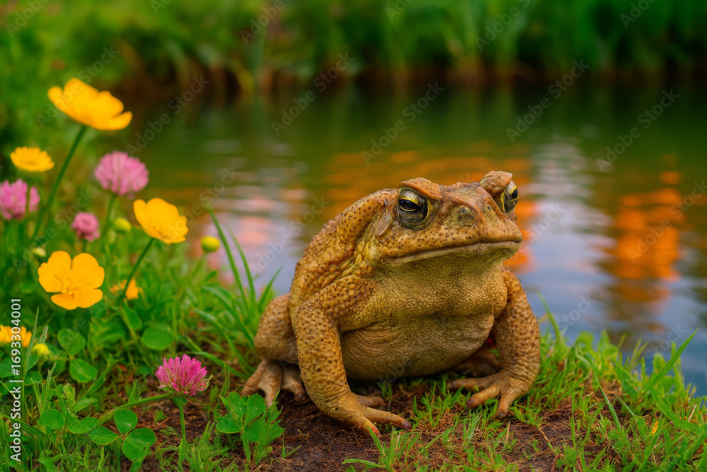 Obraz premium AI-Generated Image from a photograph that captures a toad resting at the edge of a tranquil pond, surrounded by vibrant wildflowers and lush green grasses.