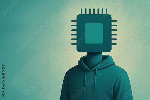 Person with Microchip Head. Stylized human figure in hoodie with computer chip instead of head, teal background. Artificial intelligence, identity loss, digital mind, tech society, machine thinking