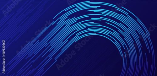 Blue abstract background with blue glowing geometric lines. Modern shiny blue diagonal rounded lines pattern. Futuristic technology concept. Suit for business, banner, corporate, website