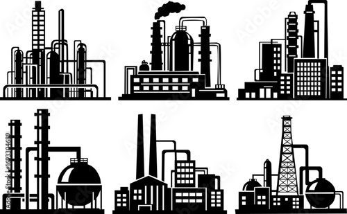 Various stylized images of industrial complexes suitable for icons or schematic images.