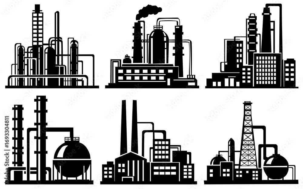 Fototapeta premium Various stylized images of industrial complexes suitable for icons or schematic images.