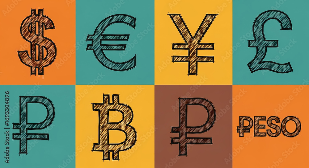 Obraz premium Currency symbols representing global monetary systems and digital currencies