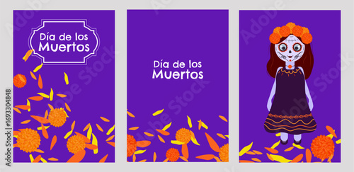 Day of the Dead Mexico poster set. National holiday September 16, Cinco de Mayo. Dia De Los Muertos. Colorful Mexican flowers. Fiesta poster party flyer greeting card. Vector illustration