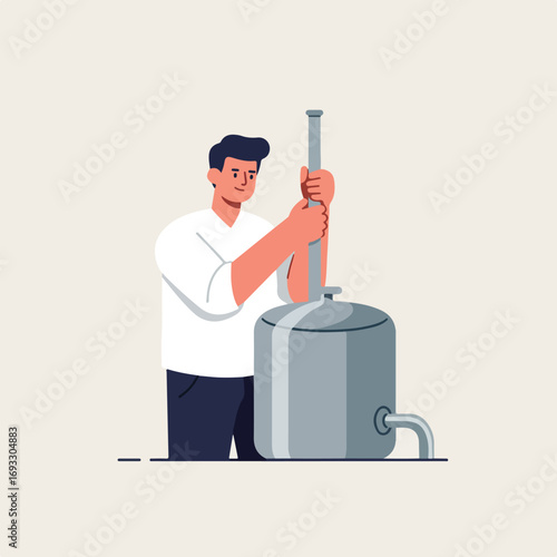 Brewing Process A man mixing ingredients in a large metal container