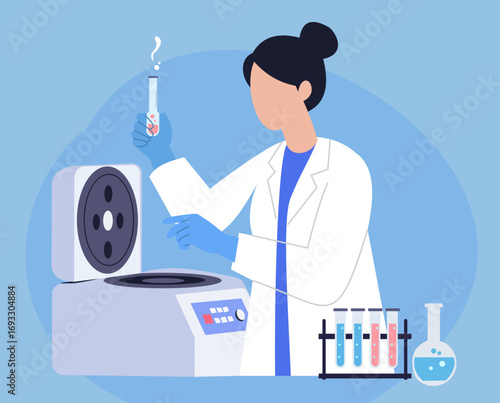 A female scientist in a lab coat analyzes a sample in a test tube, with a centrifuge and glassware nearby, representing scientific research and analysis