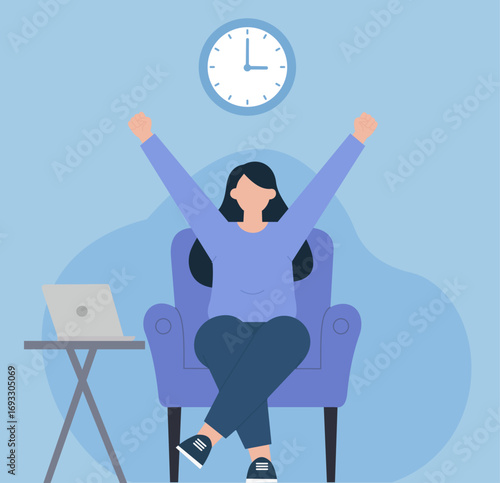 A woman celebrates completing a task or the end of her workday. She sits in a chair with arms raised in success, feeling relieved and accomplished
