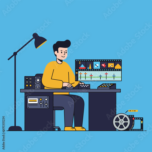 Editor Editing setup, monitor, console, film reel, yellow shirt, desk lamp, light blue backdrop
