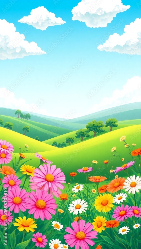 Fototapeta premium Vibrant meadow filled with colorful wildflowers under a bright blue sky