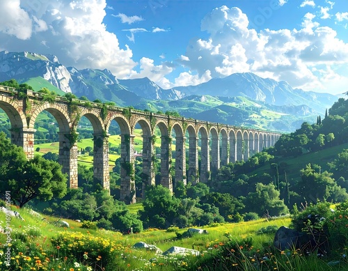 Ancient Stone Aqueduct in Mountain Valley Landscape