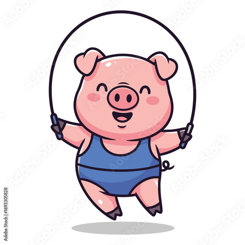Cute Cartoon Pig Exercising with Skipping Rope for Health and Fitness Illustration