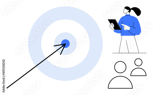 Woman holding tablet stands near target with arrow hitting bullseye and figures symbolizing teamwork. Ideal for strategy, focus, leadership, goal setting, teamwork, precision, simple landing page