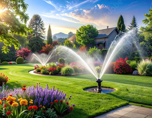 Automatic Sprinkler System Watering Lush Garden