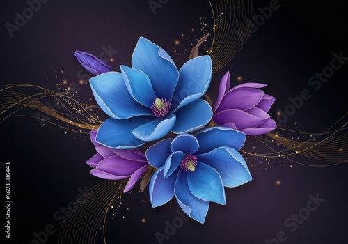 Blue Magnolia Flowers Artistic Arrangement on Dark Background