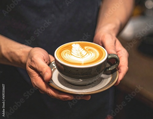 Barista Hands Holding Latte Art Coffee Cup
