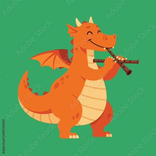 Orange dragon playing flute