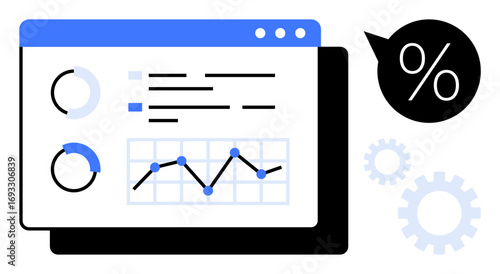 Analytical interface with pie charts, a line graph, and percentage icon. Ideal for business performance, trend analysis, financial planning, data insights, statistics, reports simple flat metaphor