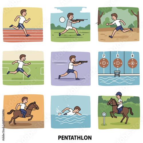 A series of images depicting a person doing the five different activities of Pentathlon