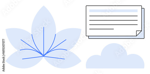 Leaf outline, cloud graphic, and folded text document highlight harmony between nature and communication. Ideal for sustainability, ecology, messaging, balance, clarity, mindfulness and productivity