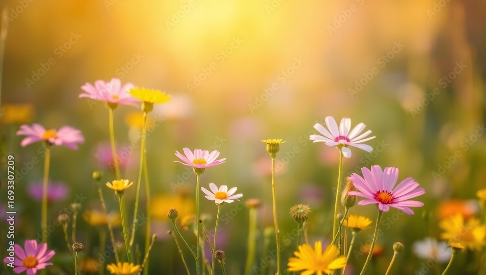 Fototapeta premium Soft focus meadow with wildflowers bathed in warm golden sunlight