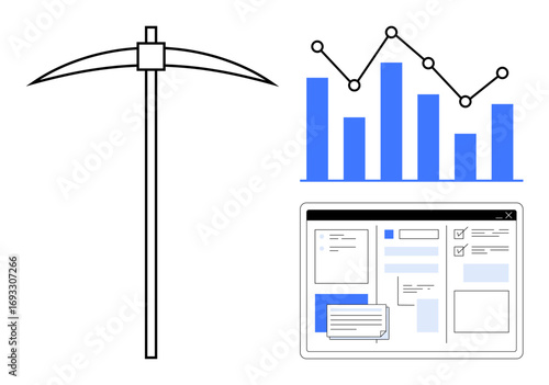 Mining pickaxe next to analytics graph and computer dashboard. Ideal for data mining, business analysis, technology, digital tools, process, efficiency, and innovation. A simple flat metaphor