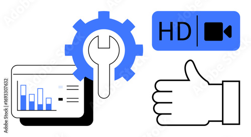 Gear with tools, dashboard with graphs, HD video icon, hand giving a thumbs up. Ideal for technology, video editing, analytics, quality assurance, user experiences progress tracking simple landing