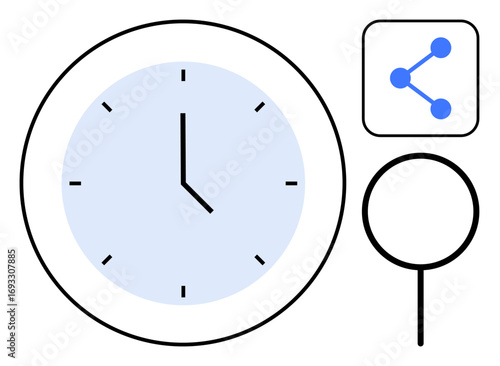 Blue-faced clock, magnifying glass, and network icon. Ideal for time tracking, productivity, planning, research, connectivity, teamwork simple landing page