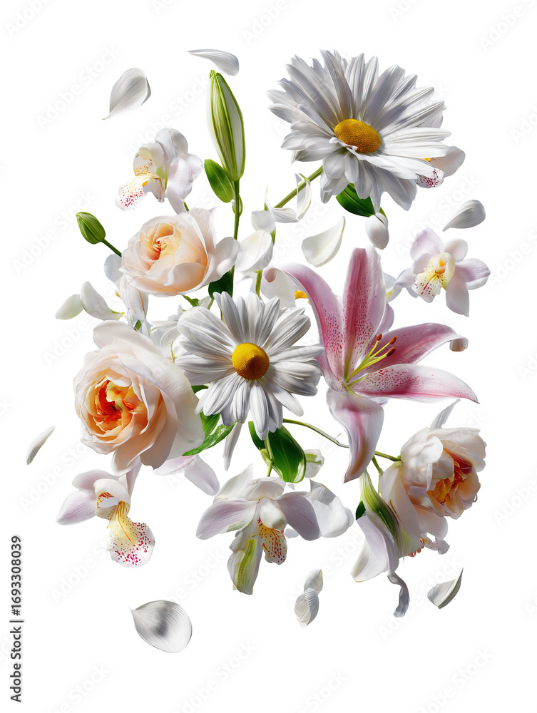 Fototapeta premium Daisies, Roses, Lilies, and Orchids Floating in Mid-Air with Soft Lighting on Transparent Background