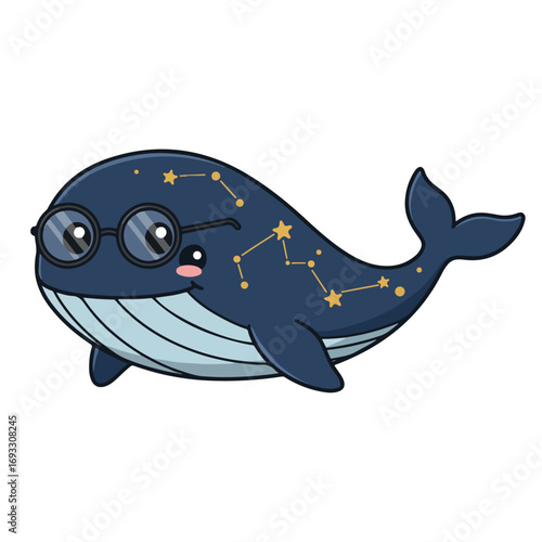 Cartoon whale with constellation and glasses