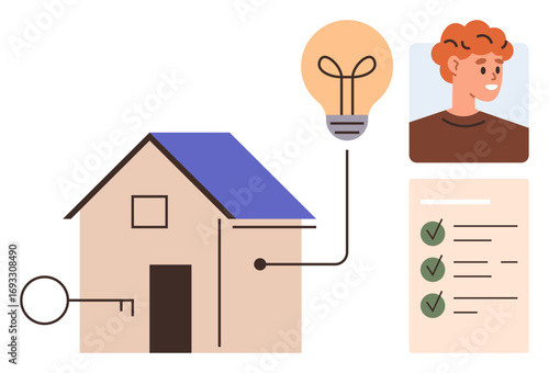 House with key, checklist with checkmarks, lightbulb symbolizing ideas, and portrait of a person. Ideal for real estate, property management, smart home, finance, planning creativity personal