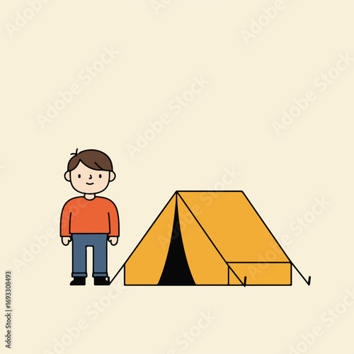 Camping trip person stands by an erected yellow tent on a beige background