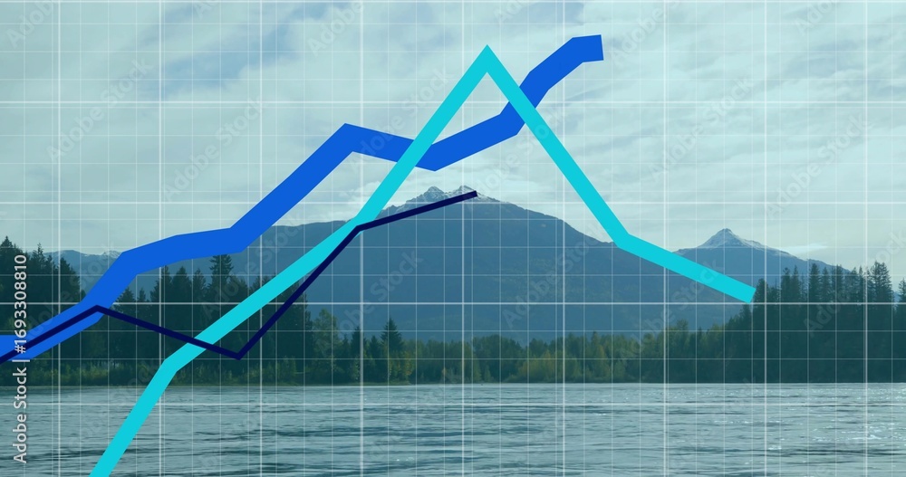 Fototapeta premium Featuring colored line charts rising over mountain lake panorama with semi-transparent grid overlay