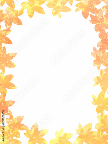 タイトル : 秋の紅葉のイメージの背景素材。水彩風テクスチャー。紅葉の葉っぱのシルエット。鮮やかな色調。ふんわりした光の輝き。コピースペース。たて長構図