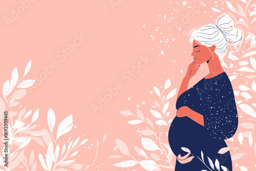 This modern banner depicts a cute pregnant woman with long hair and includes a text placeholder, showcasing a minimalist design and a contemporary flat cartoon illustration
