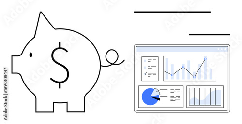 Piggy bank with dollar sign next to data analytics dashboard displaying charts and graphs. Ideal for finance, savings, investment, budgeting, statistics, economic growth, simple landing page