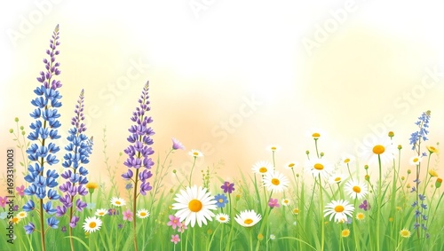 Lupine and daisy wildflower meadow with soft yellow background