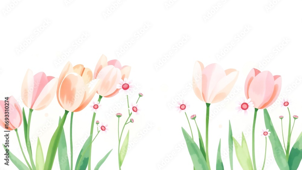 Fototapeta premium Soft pink tulips and delicate flowers on a white background