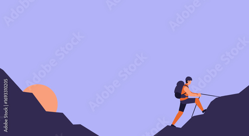 Determined hiker ascends a mountain peak at sunrise, embodying challenge, achievement, and adventure. Ideal for travel, business growth, or active lifestyle themes.