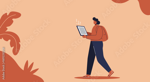 Person walking and actively using a digital tablet, symbolizing remote work, online learning, or mobile technology for modern lifestyle and connectivity.