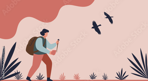 Adventurous person hiking outdoors with a backpack and stick, enjoying nature and freedom. Ideal for travel, lifestyle, and outdoor activity themes.