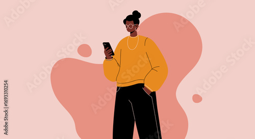Stylish woman engrossed in her smartphone, embodying modern communication, digital lifestyle, and online connectivity for business or leisure.