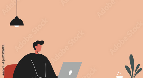 Modern man working remotely on a laptop in a minimalist home office. Captures productivity, freelance work, and contemporary lifestyle.