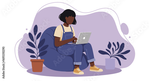 Relaxed person working on a laptop from a comfortable beanbag chair at home, representing remote work, online education, or freelance lifestyle.