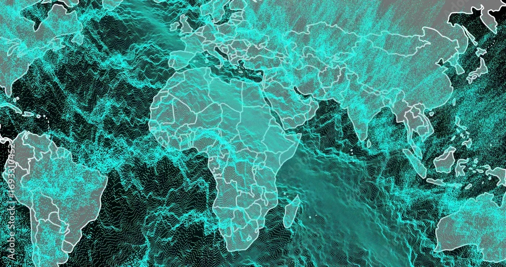 Fototapeta premium Showing outlined world map centered on Africa in display featuring grid borders and turquoise mesh