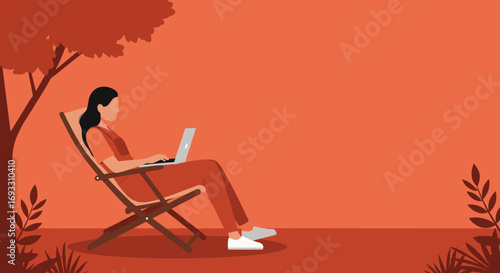 Relaxed woman working on laptop outdoors under a tree, embodying remote work, flexible schedule, and digital nomad lifestyle.