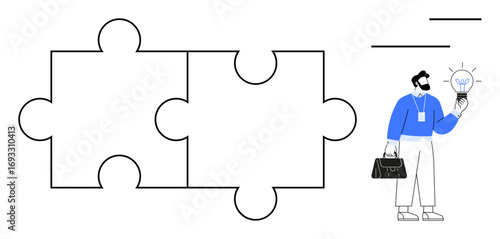 Professional presenting a glowing light bulb as an idea next to connected puzzle pieces. Ideal for creativity, innovation, teamwork, problem-solving, business strategy, decision-making, simple flat