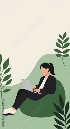 Professional woman works on laptop in a relaxed, green setting, embodying modern remote work and digital lifestyle.