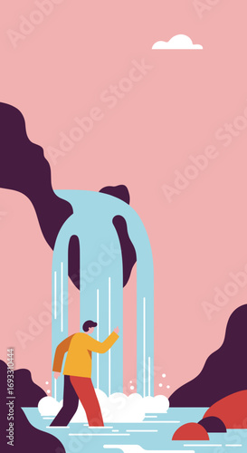 Man exploring a refreshing waterfall and serene natural landscape. Ideal for travel, nature, discovery, or wellness themes.