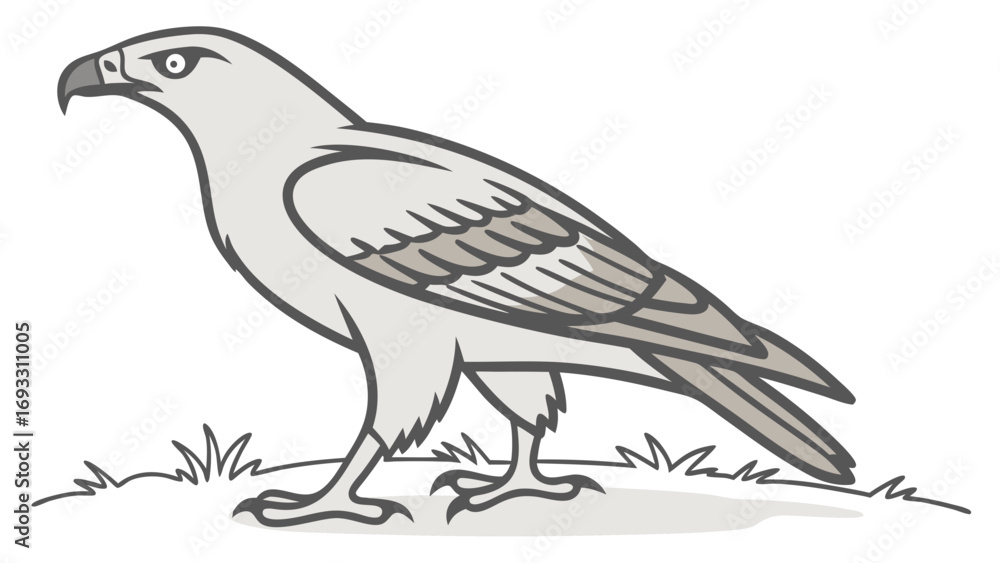Fototapeta premium Cartoon illustration of a bird of prey standing in grass.